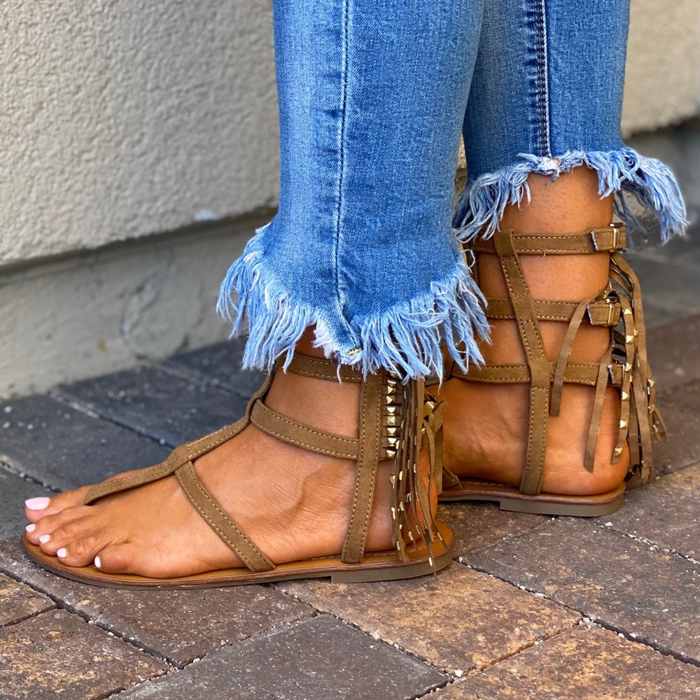 Fringe & Studs Strappy Boho Gladiator Ankle Sandal - Picture 14 of 14